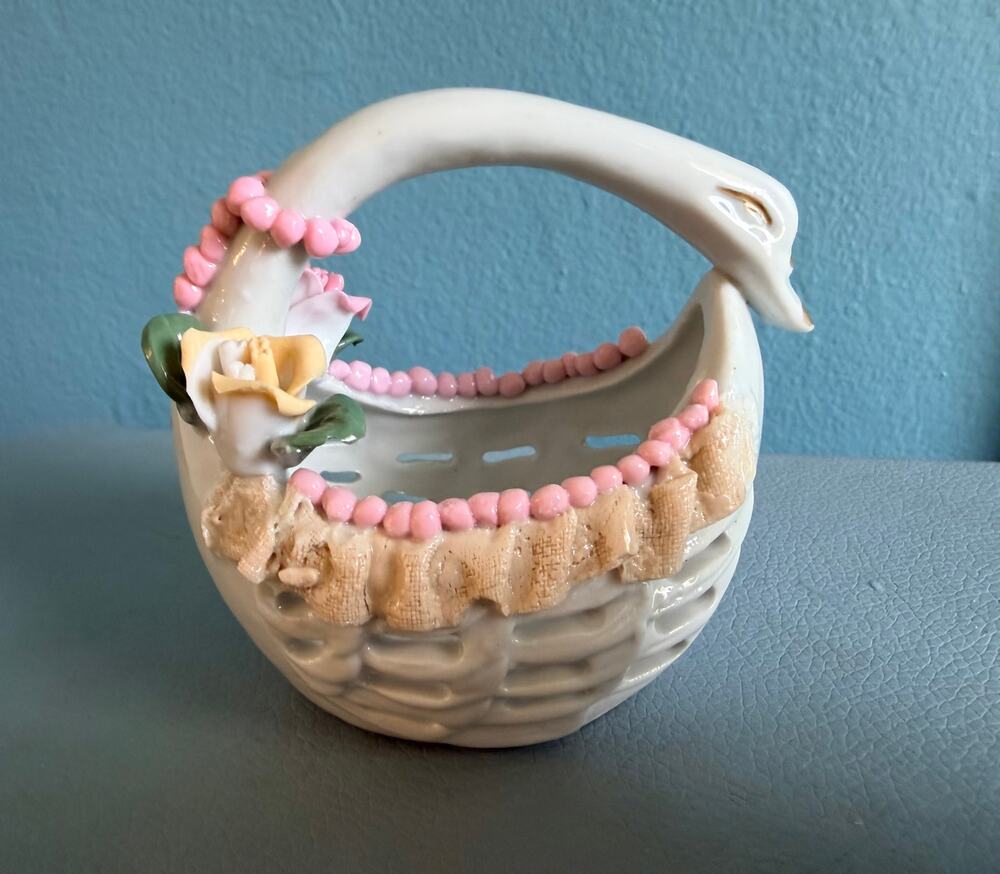 Vintage Porcelain Swan Basket Applied Rose Pink Beads Capodimonte Style Decor